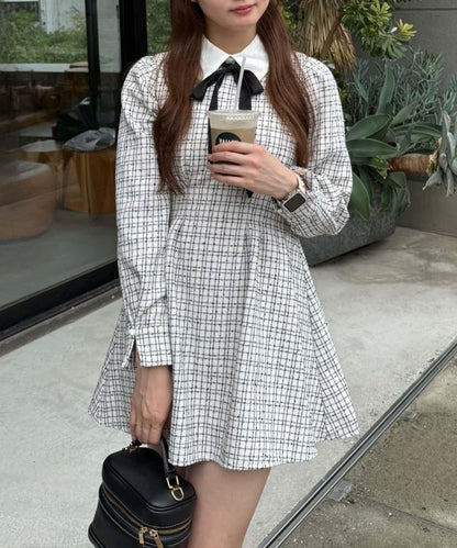 【Tweed Collection】拼色領口粗花呢迷你連衣裙