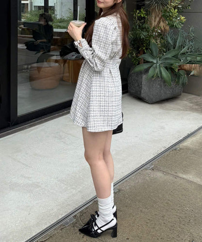 【Tweed Collection】拼色領口粗花呢迷你連衣裙