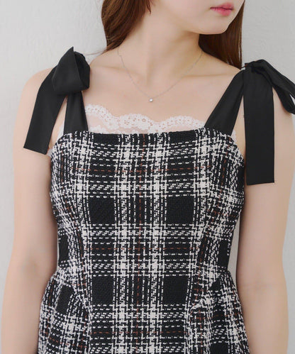 【Tweed Collection】肩帶蝴蝶結呢料迷你連衣裙