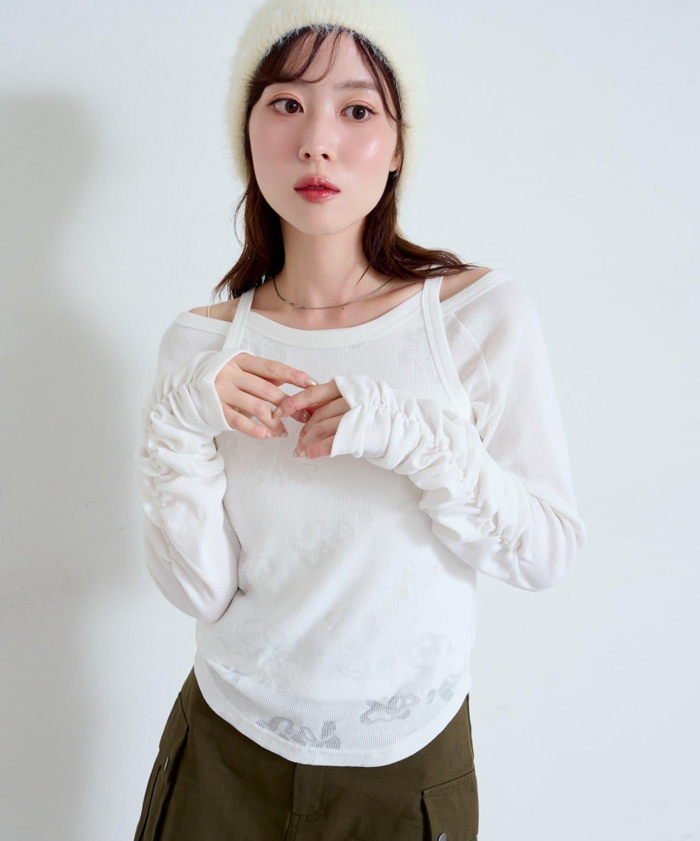 【Kastane】花卉圖案歐帕爾剪裁上衣套裝