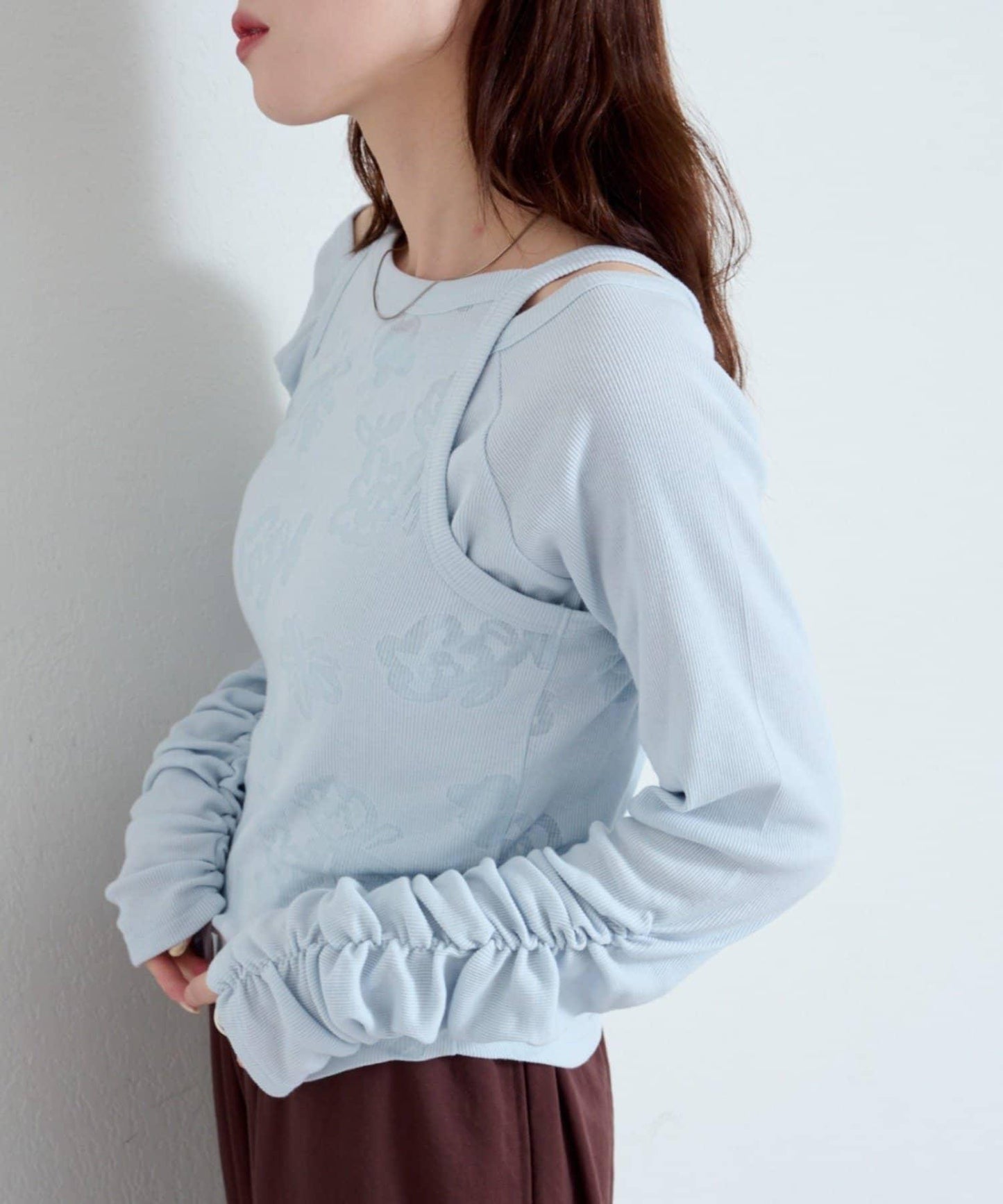 【Kastane】花卉圖案歐帕爾剪裁上衣套裝