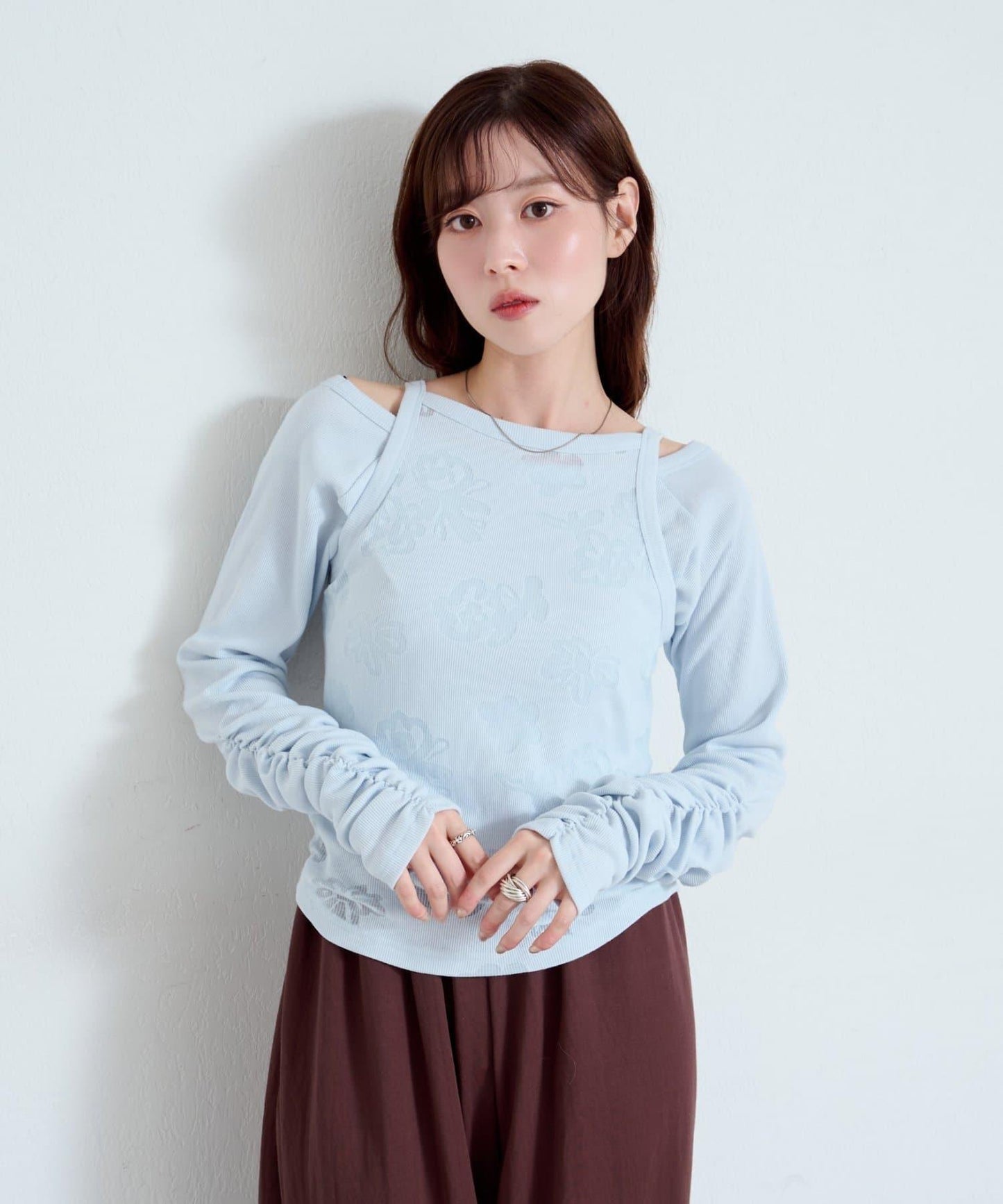 【Kastane】花卉圖案歐帕爾剪裁上衣套裝