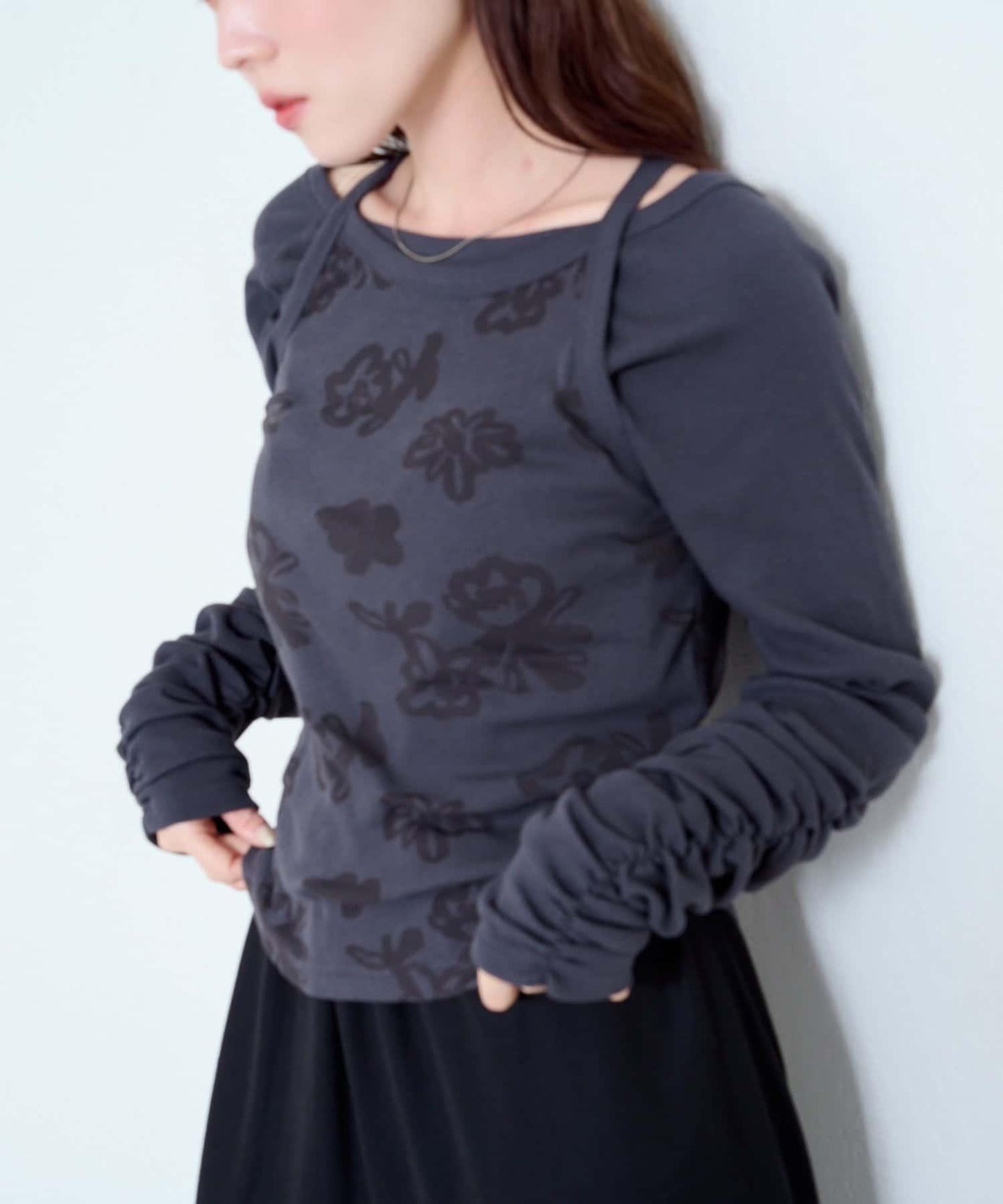 【Kastane】花卉圖案歐帕爾剪裁上衣套裝