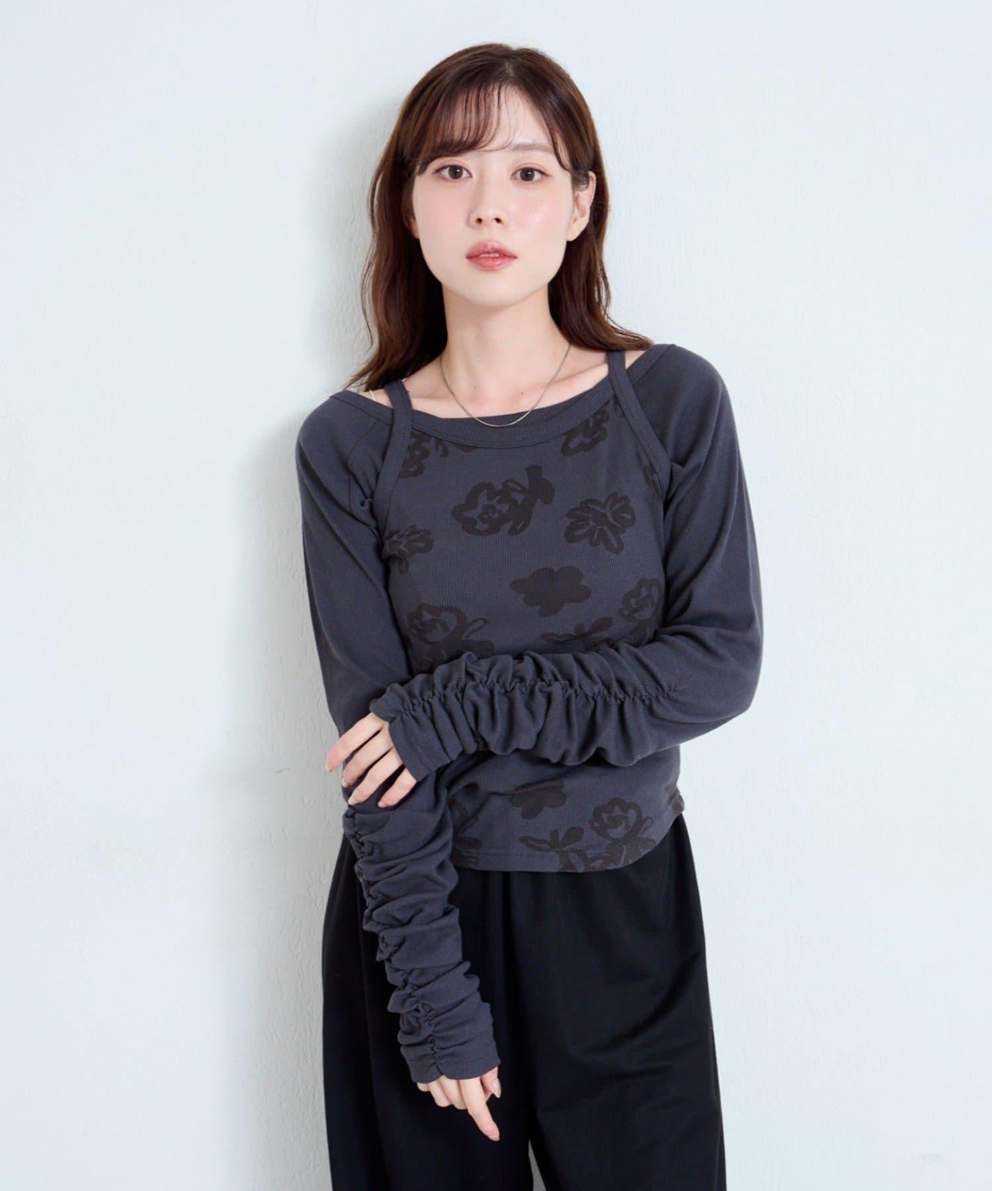 【Kastane】花卉圖案歐帕爾剪裁上衣套裝