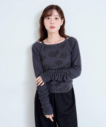 【Kastane】花卉圖案歐帕爾剪裁上衣套裝