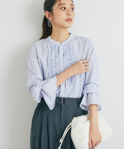 優雅氣質前襟荷葉邊雪紡襯衫