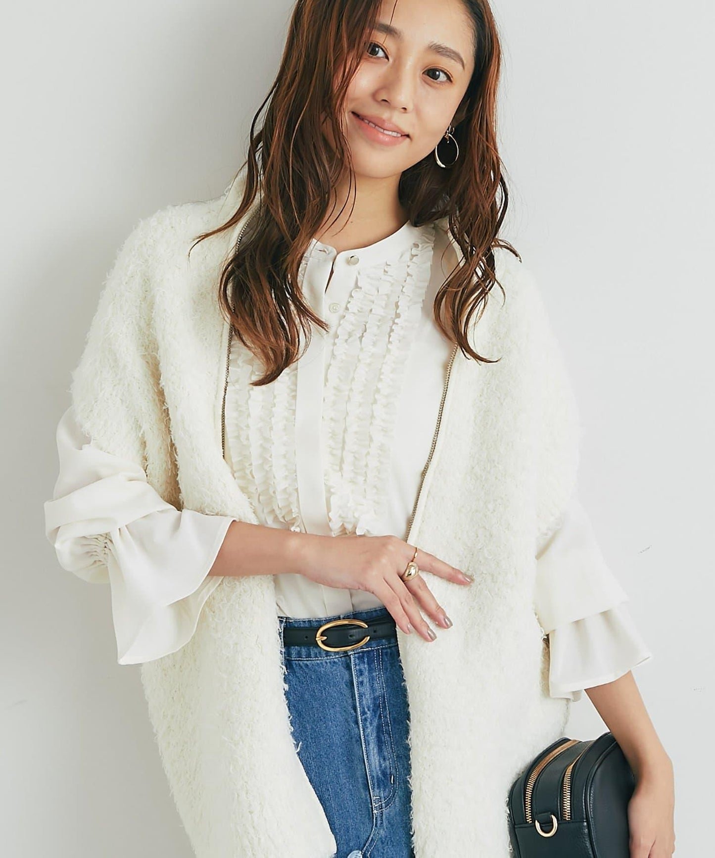 優雅氣質前襟荷葉邊雪紡襯衫