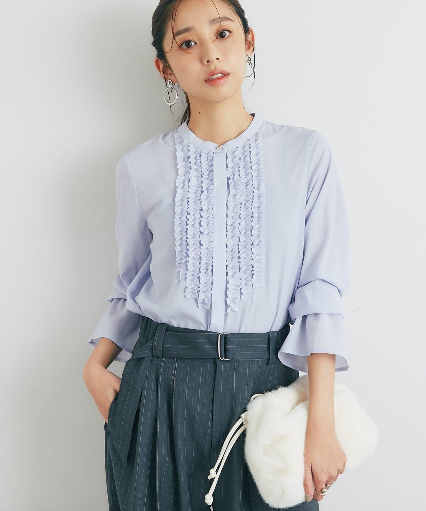 優雅氣質前襟荷葉邊雪紡襯衫