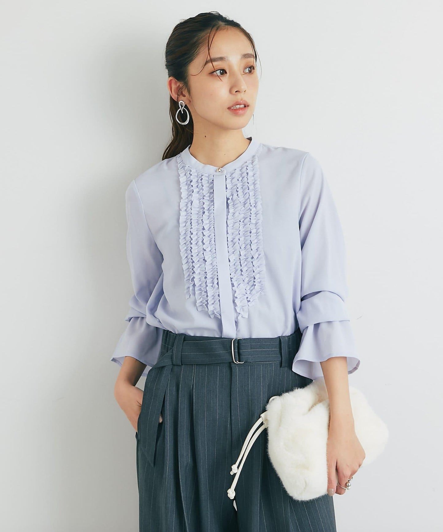 優雅氣質前襟荷葉邊雪紡襯衫