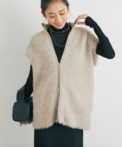 休閒風格仿羊羔絨針織拉鍊馬甲