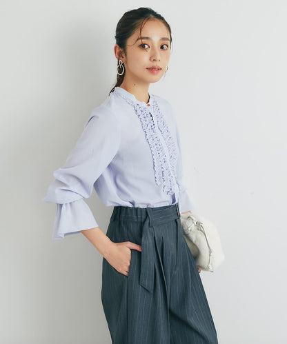 優雅氣質前襟荷葉邊雪紡襯衫