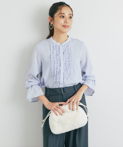 優雅氣質前襟荷葉邊雪紡襯衫