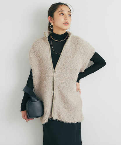 休閒風格仿羊羔絨針織拉鍊馬甲