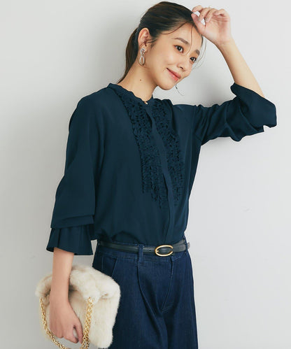 優雅氣質前襟荷葉邊雪紡襯衫