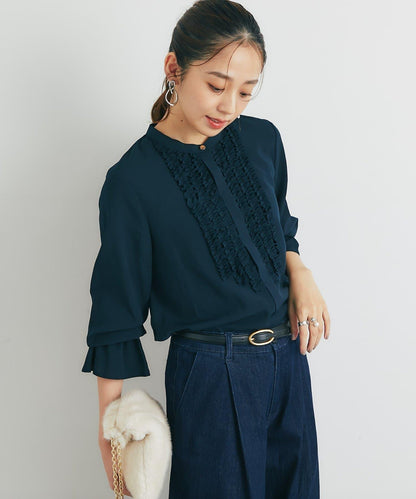 優雅氣質前襟荷葉邊雪紡襯衫