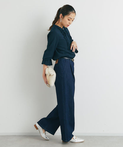 優雅氣質前襟荷葉邊雪紡襯衫