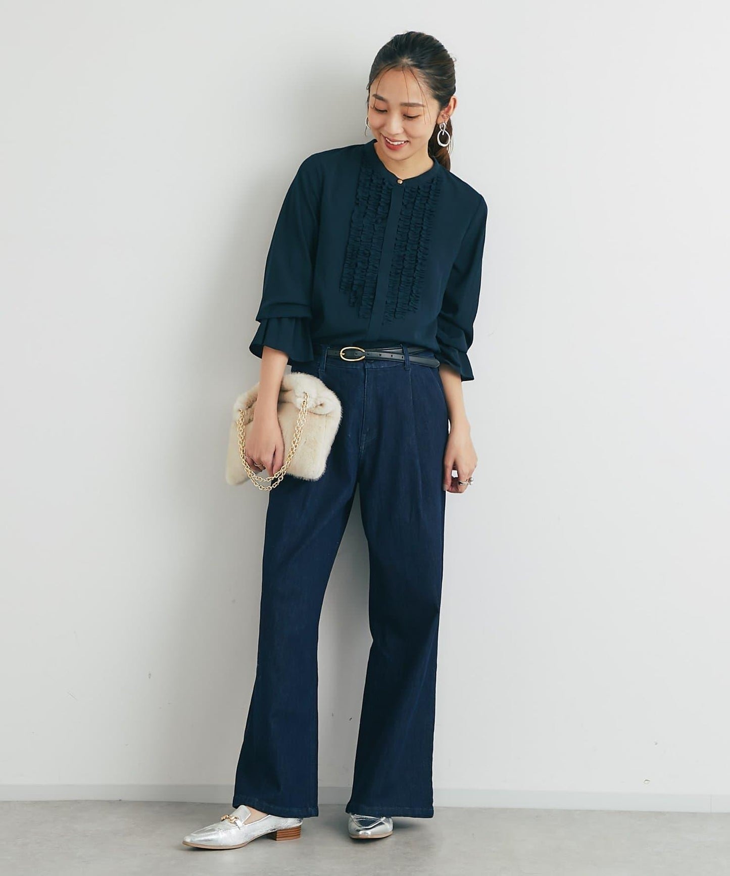 優雅氣質前襟荷葉邊雪紡襯衫