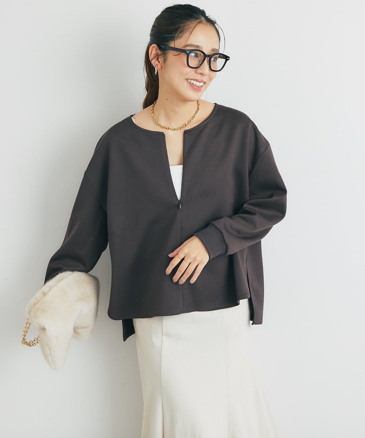 《楽ちんキレイ見え》半拉鍊針織斗篷