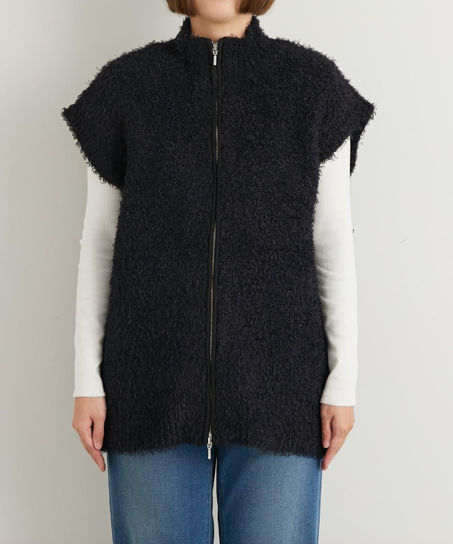 休閒風格仿羊羔絨針織拉鍊馬甲