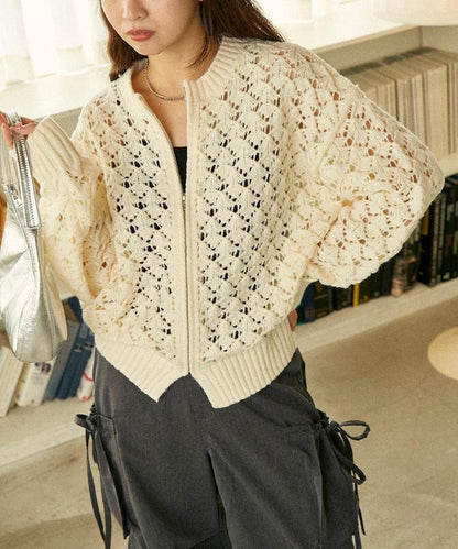 鏤空編織拉鍊開衫