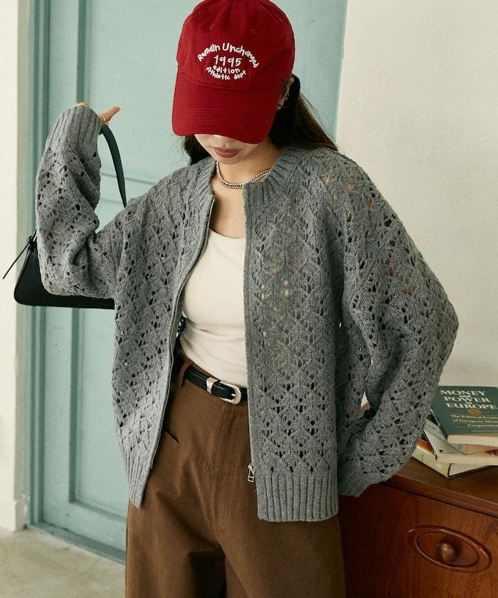 鏤空編織拉鍊開衫