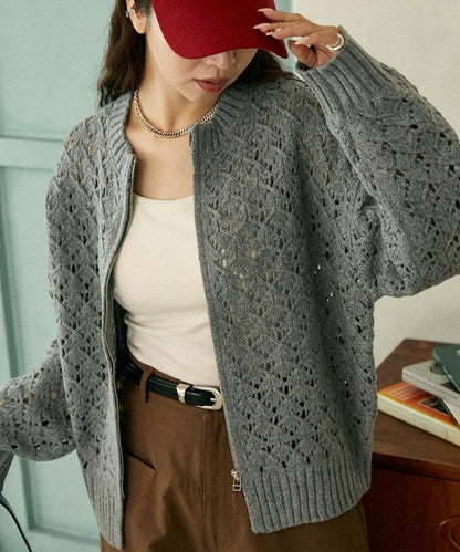 鏤空編織拉鍊開衫