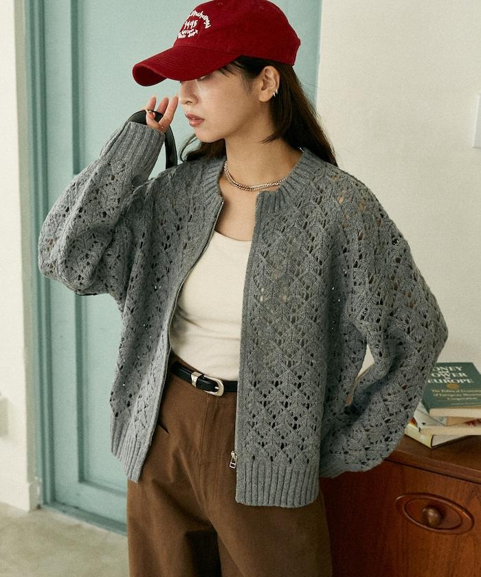 鏤空編織拉鍊開衫