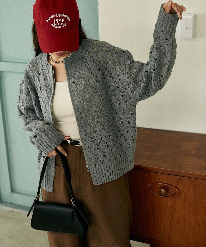 鏤空編織拉鍊開衫