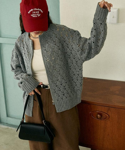 鏤空編織拉鍊開衫