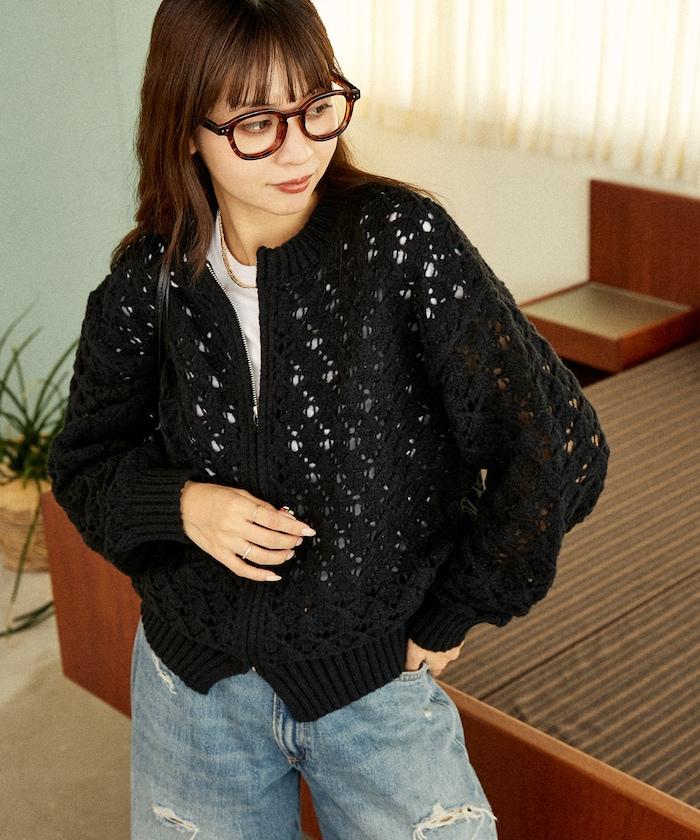 鏤空編織拉鍊開衫