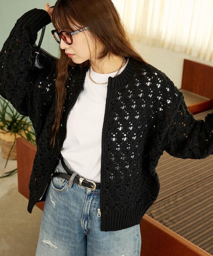 鏤空編織拉鍊開衫