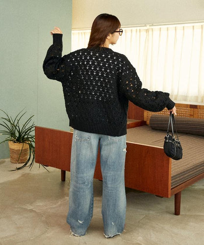 鏤空編織拉鍊開衫