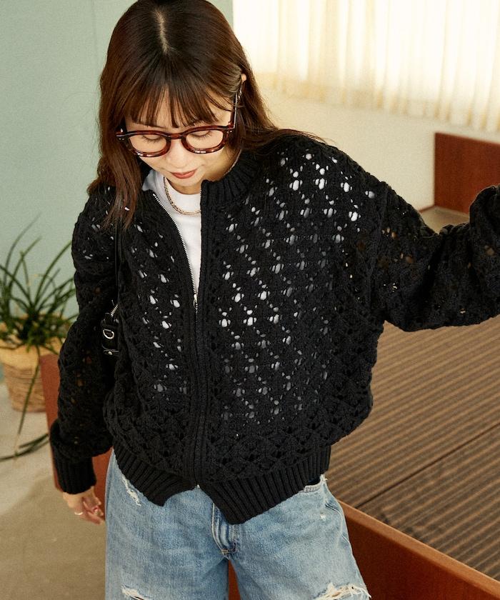 鏤空編織拉鍊開衫