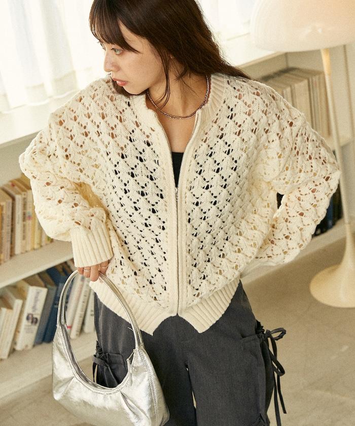 鏤空編織拉鍊開衫