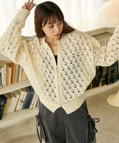 鏤空編織拉鍊開衫