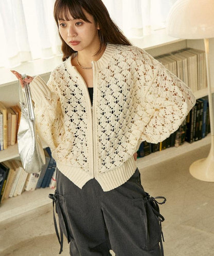 鏤空編織拉鍊開衫