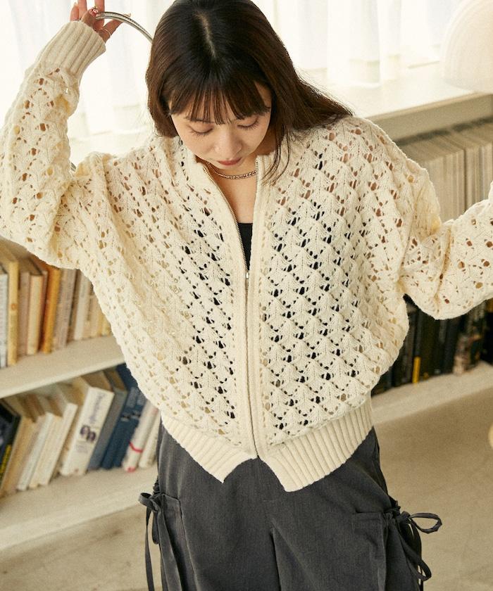 鏤空編織拉鍊開衫