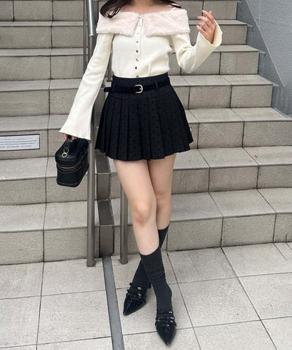 配有波點腰帶百褶迷你裙