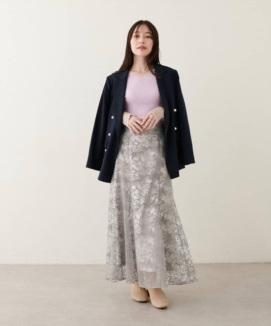 〈osono〉可調節長度網紗刺繡蕾絲半身裙