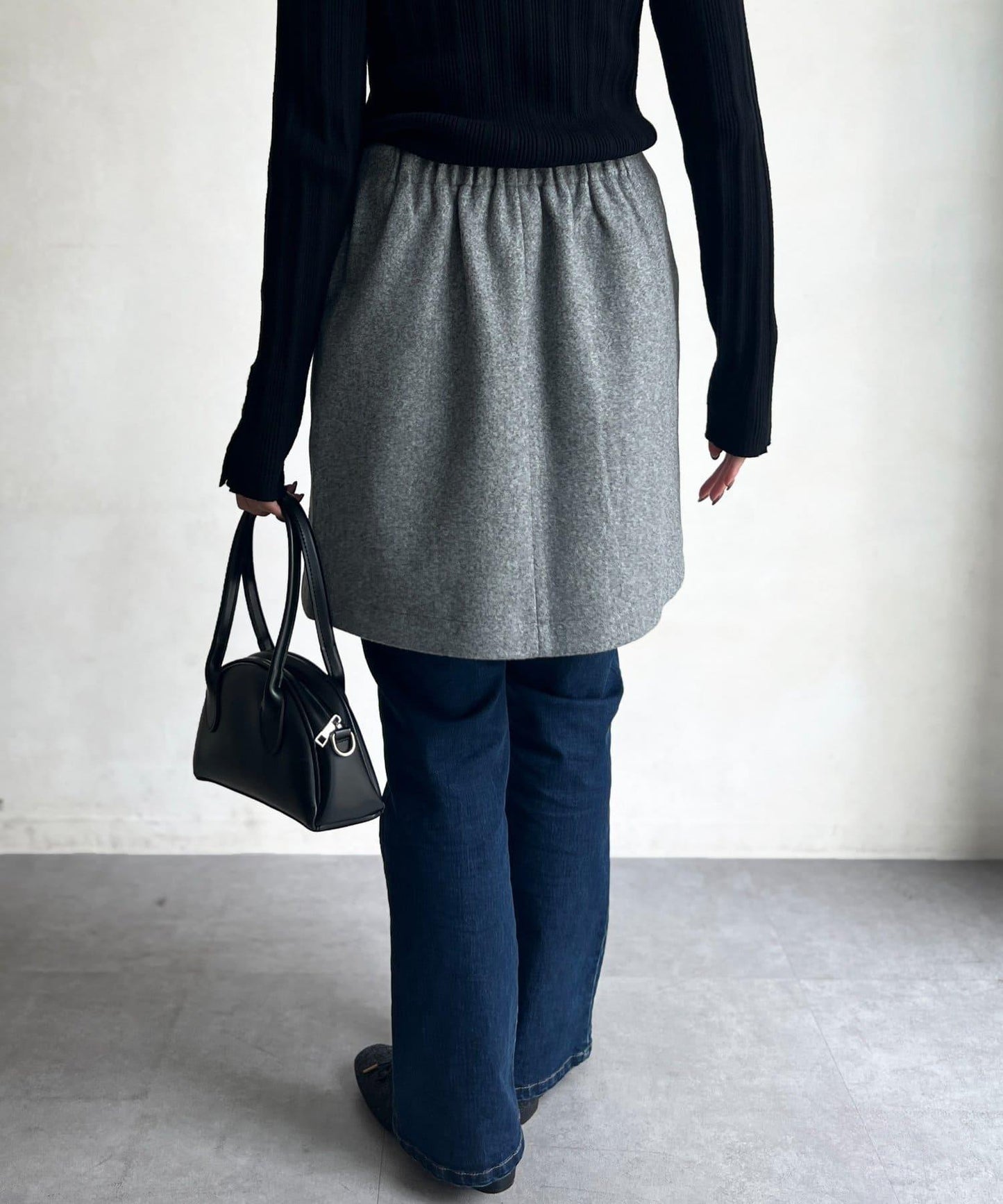 帶鉚釘呢料中長裙