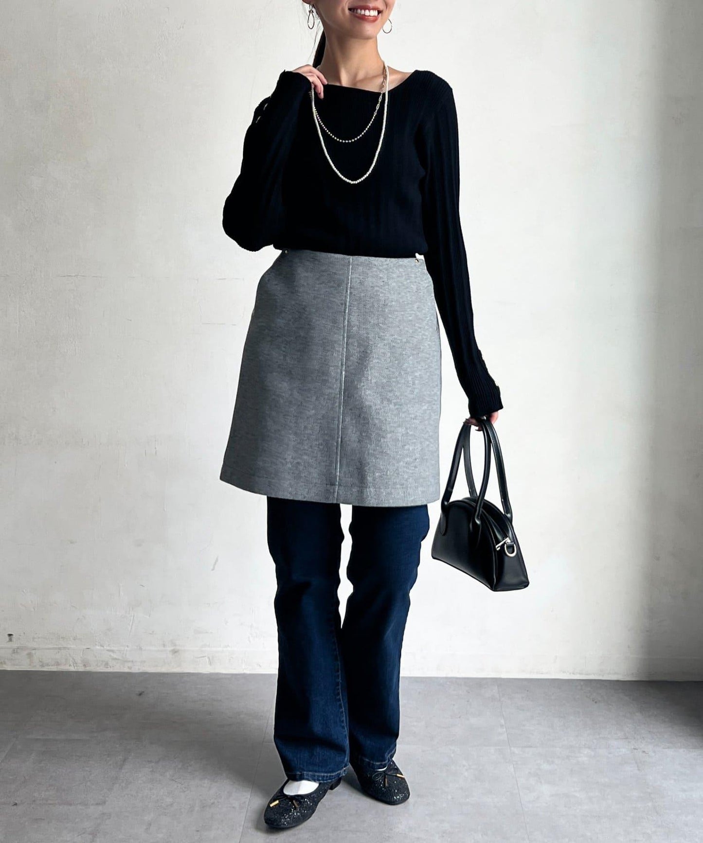 帶鉚釘呢料中長裙