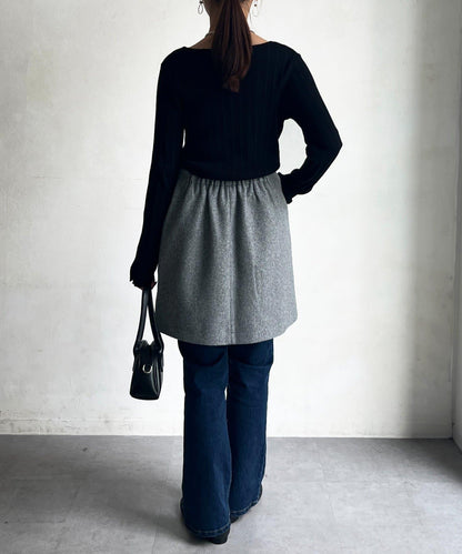 帶鉚釘呢料中長裙