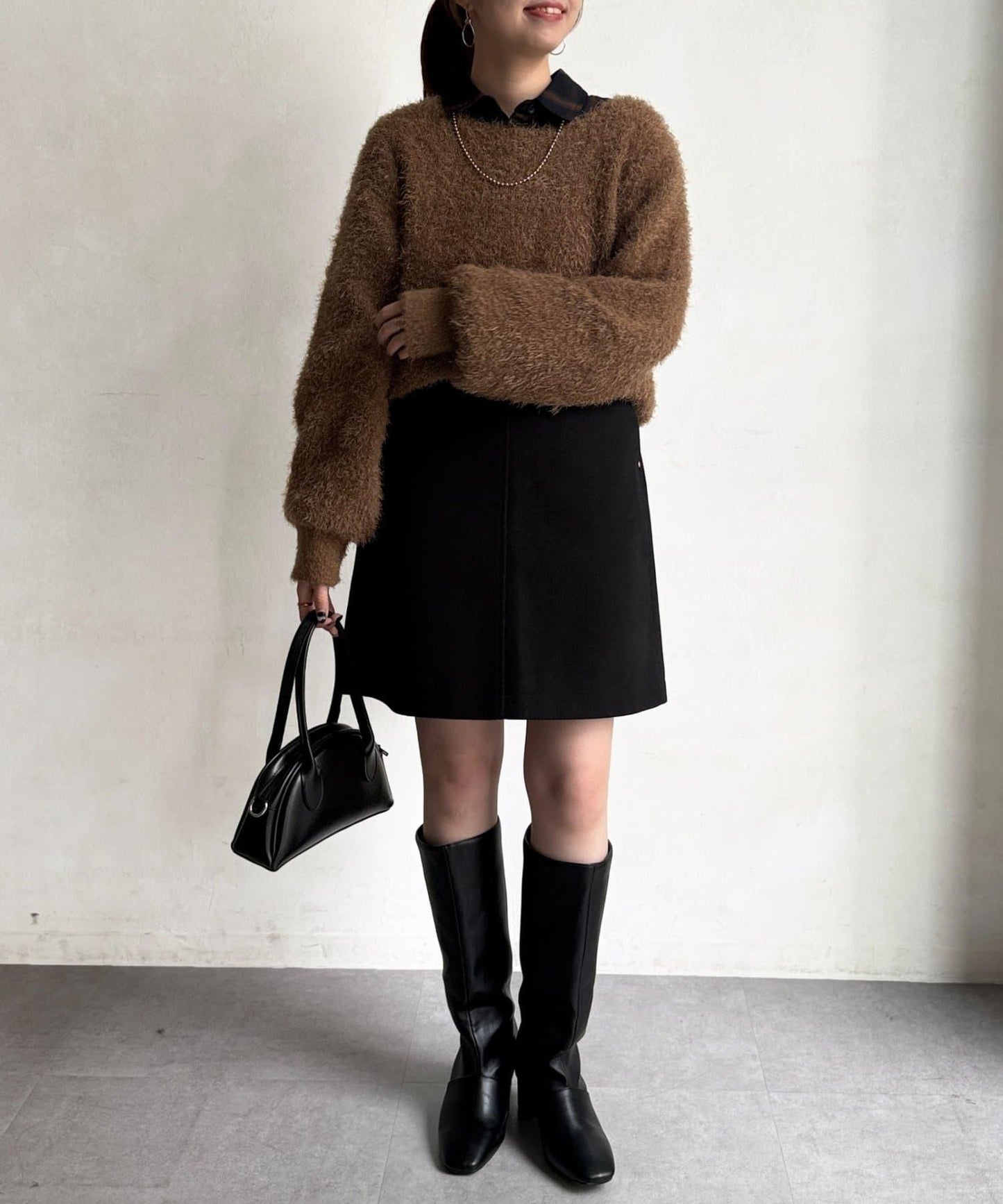 帶鉚釘呢料中長裙