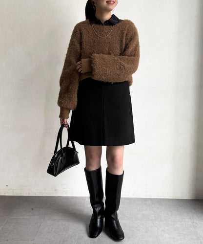 帶鉚釘呢料中長裙