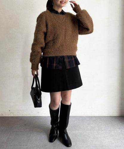 帶鉚釘呢料中長裙