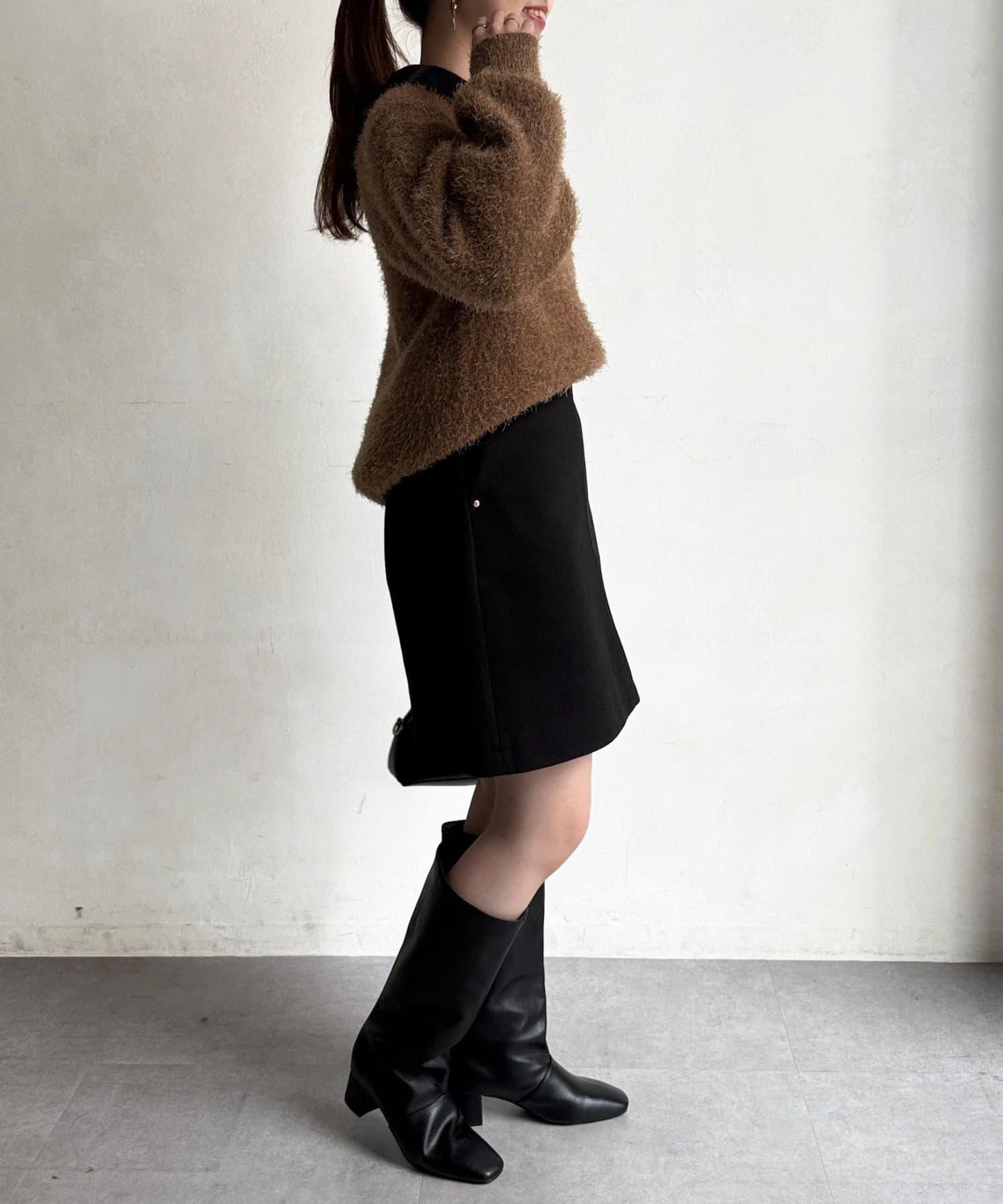 帶鉚釘呢料中長裙