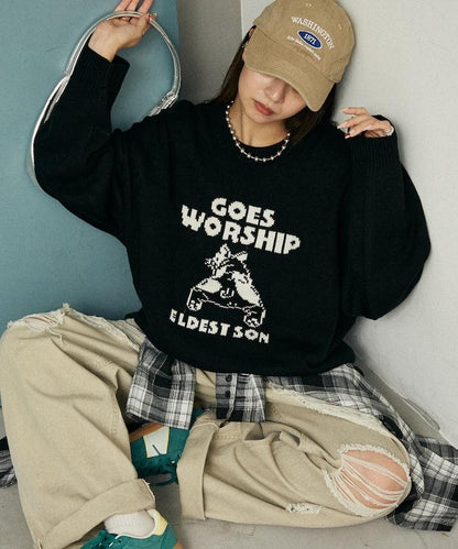 法鬥犬圖案針織衫