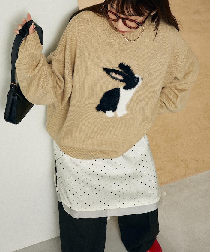 長絨絨刺繡兔子圖案針織衫