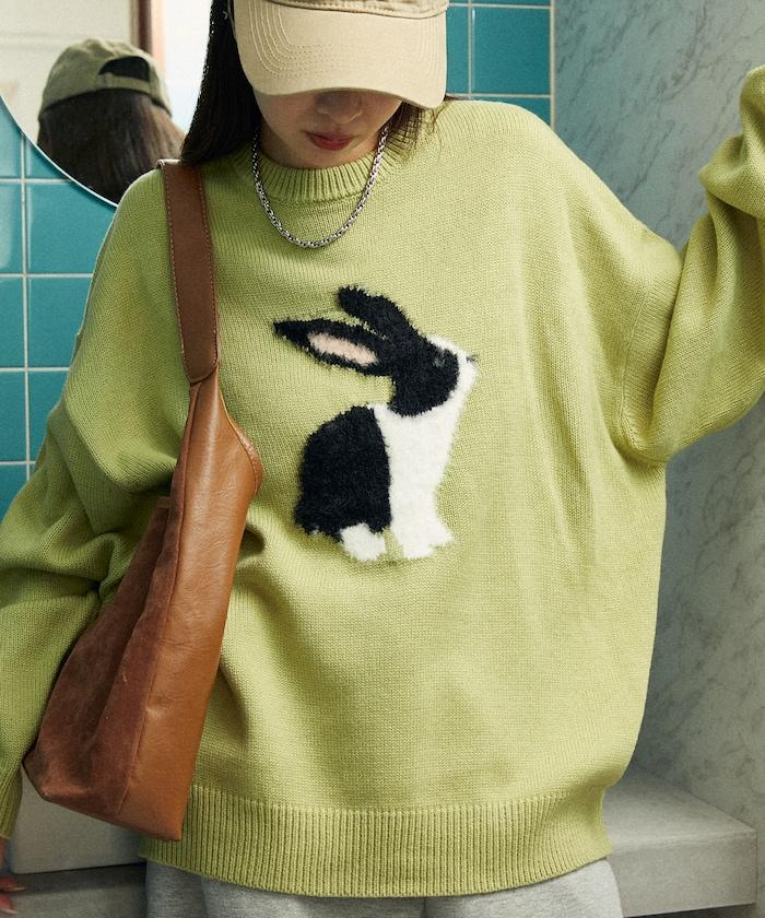 長絨絨刺繡兔子圖案針織衫