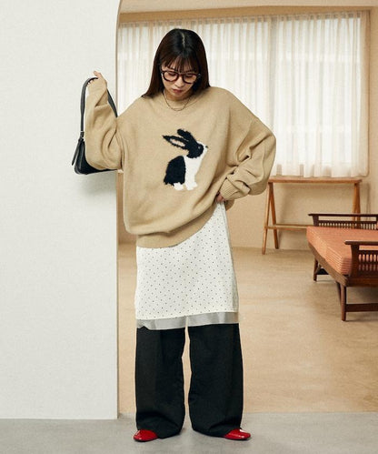 長絨絨刺繡兔子圖案針織衫